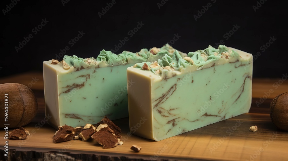 Poster a close up of a bar of soap on a wooden surface with nuts and a piece of chocolate on the side of th