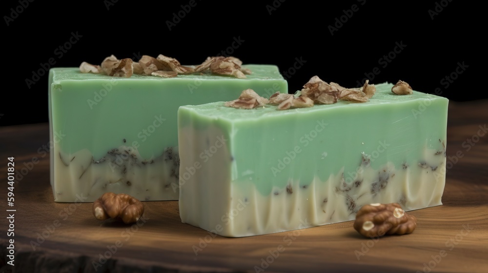 Poster two bars of soap with walnuts on a wooden table next to each other on top of a piece of wood with a 