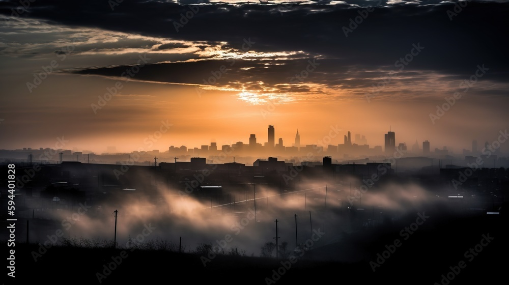 Poster the sun is setting over a city in the foggy sky with buildings in the distance and a few clouds in t