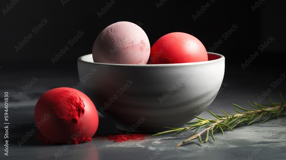 Poster three eggs in a white bowl with a sprig of rosemary next to them on a dark surface with a black back