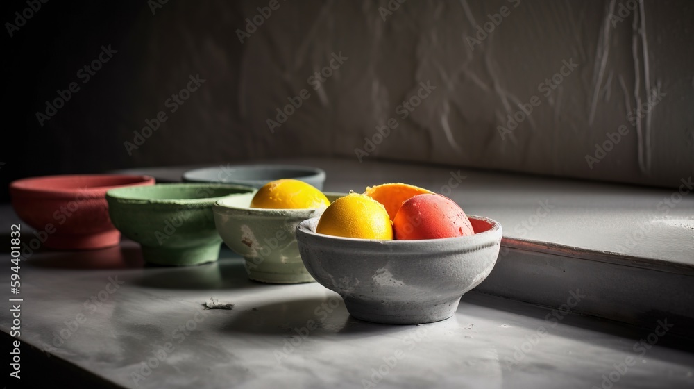 Poster  a bowl of fruit sitting on a window sill next to a window sill with a curtain behind it and a window sill with a curtain behind it.  generative ai