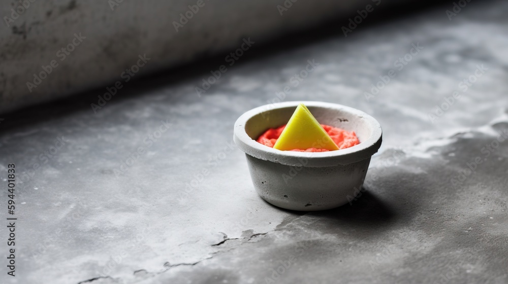 Aufkleber a small cup with a yellow triangle in it on a counter top next to a wall and a cement floor with a c