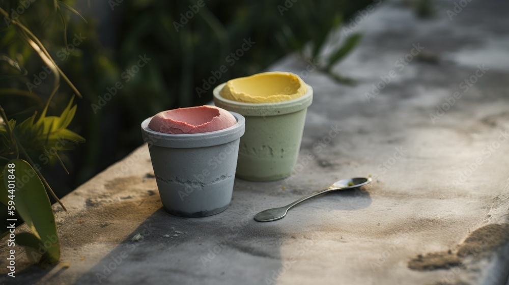 Poster a couple of cups that are sitting on a table with a spoon in front of them and a spoon in the middle