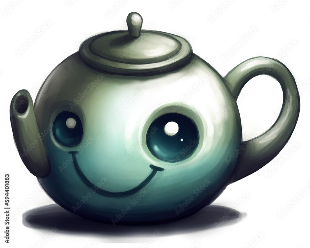 Poster a teapot with a smiley face drawn on it's side and a lid on it's side, with a smiley face drawn on t