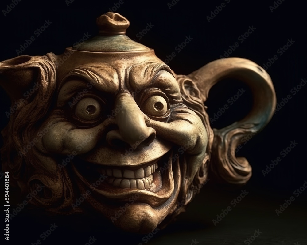 Aufkleber a close up of a teapot with a creepy face on a black background with a black background and a black 