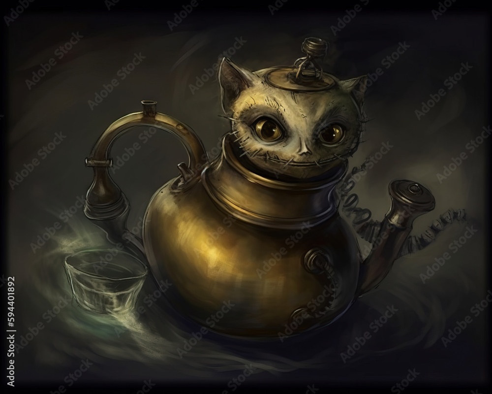 Aufkleber a painting of a cat in a teapot with a pipe and a pipe holder on the bottom of it, with a steampunke