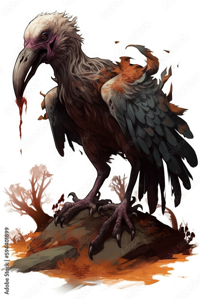 Poster a drawing of a bird with a bloody beak on top of a hill with trees in the background and a white sky