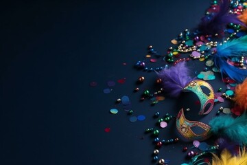 Colourful mardi gras beads, confetti, feathers and carnival mask, on blue background with copy space. Generative AI