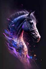 Obraz na płótnie Canvas a white horse with a black mane and a blue mane with purple and pink paint splatters on it's face and neck. generative ai