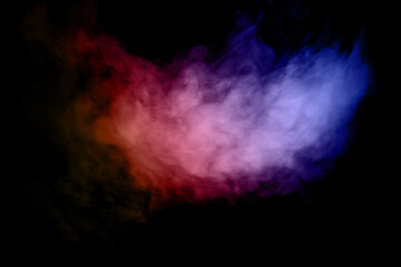 Fototapeta premium Beautiful horizontal column of smoke in the neon bright light of blue pink and orange on a black background exhaled out of the vape. Nice pattern for printing and backdrop of colored waves.