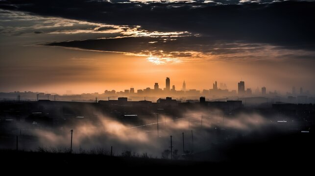  the sun is setting over a city in the foggy sky with buildings in the distance and a few clouds in the foreground with a few smogg.  generative ai