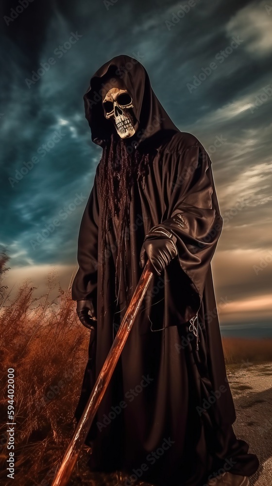 Poster a man in a black robe holding a long stick in a field with a cloudy sky in the background and a full