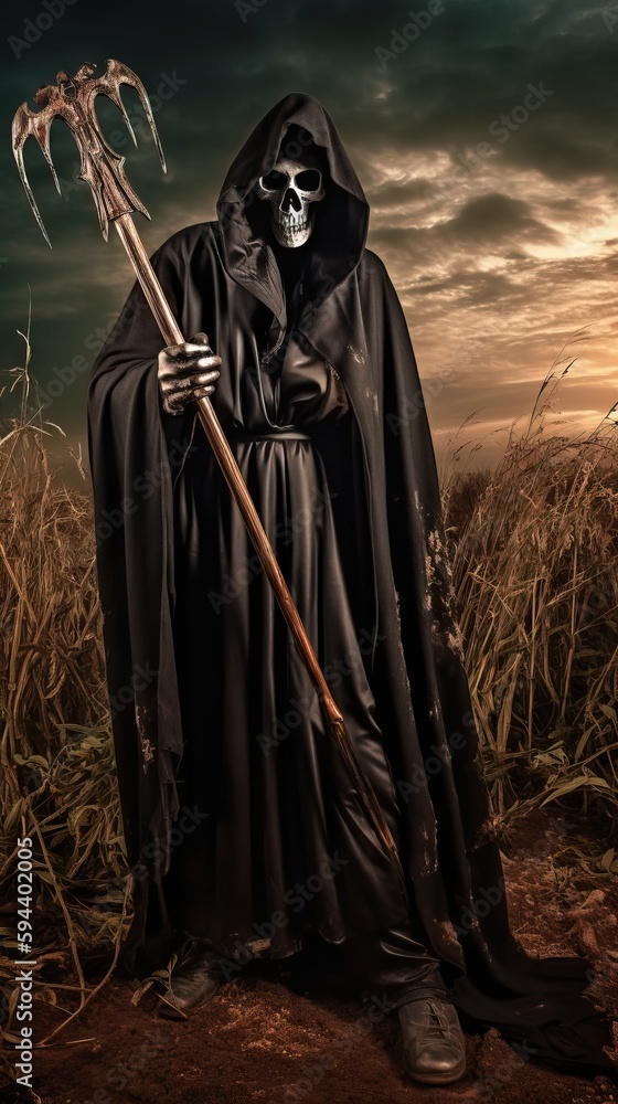 Poster  a man dressed in a black robe and holding a sculler in a cornfield with a dark sky in the background and a full moon in the sky.  generative ai