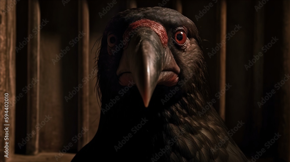 Poster a close up of a bird in a cage with a red beak and a black head with a red spot on it's forehead. ge