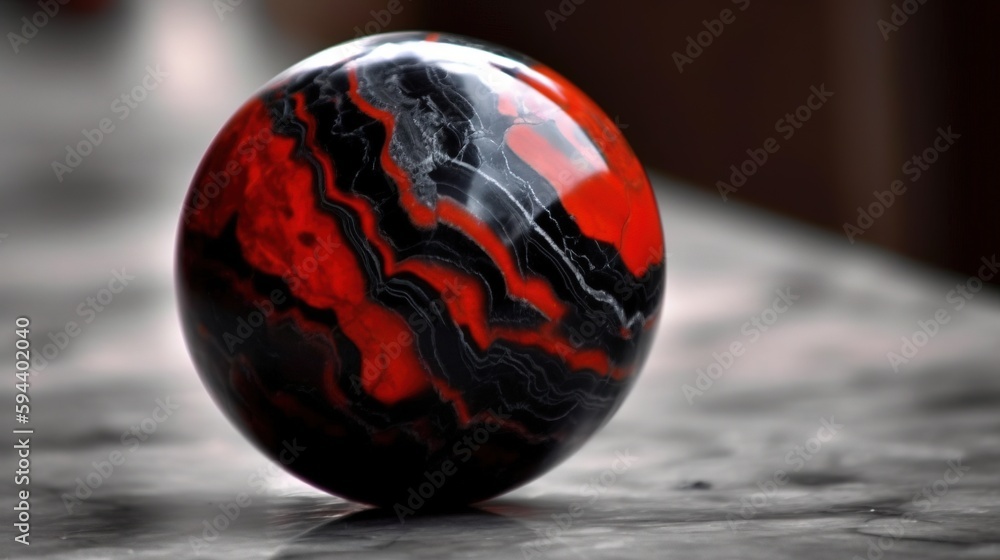 Poster a red and black marble ball sitting on top of a counter top next to a black and white object with a 