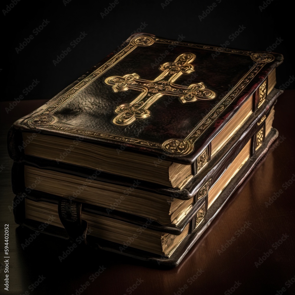Poster an old book with a cross on it sitting on a table with a black back ground and a black background wi