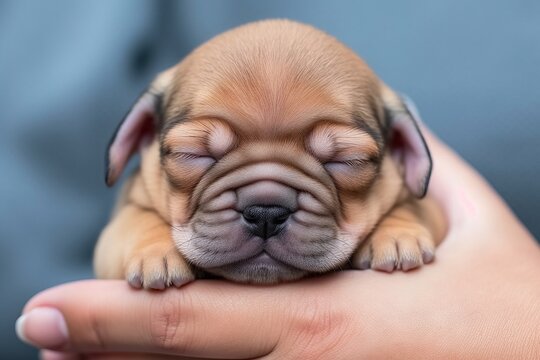  a small brown puppy sleeping on top of a person's hand with its eyes closed and it's head resting on its paw.  generative ai