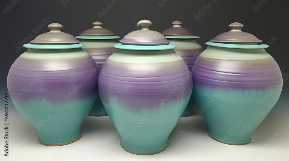 Aufkleber a group of four vases sitting next to each other on a white tablecloth covered tablecloth with a bla