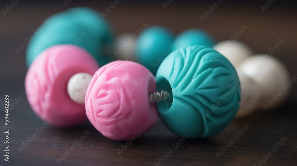 Poster a close up of a bunch of buttons on a wooden table with a black background and a white and pink butt