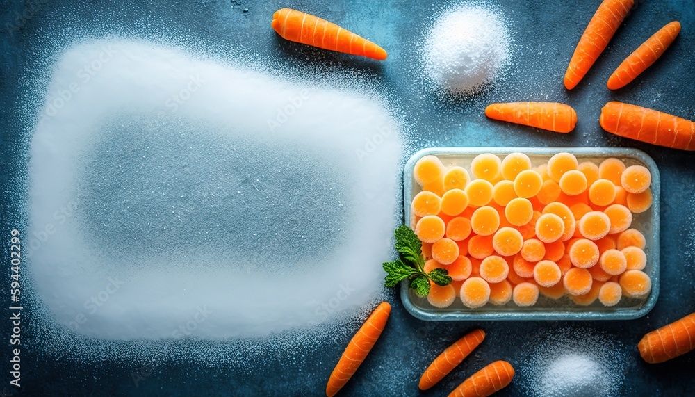 Poster space for your own wording on a top view of frozen carrots for culinary preparation. generative ai
