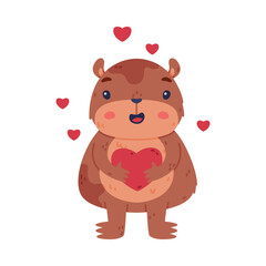 Cute Hamster Character with Stout Body Holding Red Heart Feeling Love Vector Illustration