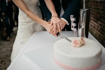 Fototapeta na wymiar Groom and bride cutting a freshly-baked white cake with a silver knife