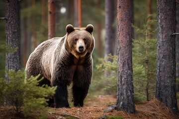 Grizzly bear walking among wild forest. Focus on foreground. Generative AI