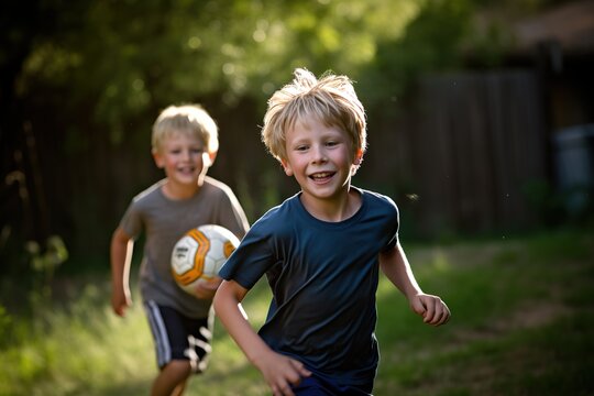 Little Caucasian boys paying soccer in the backyard. Generative AI