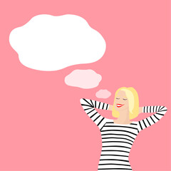 A woman in a striped sweater dreaming of something flat vector. Comment ballon.