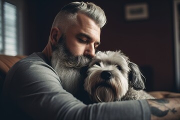Bearded mature handsome man kissing and cuddling his dog at home. Domestic pets are family concept. Generative AI
