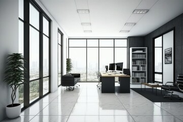 Office interior with panoramic window and city view
