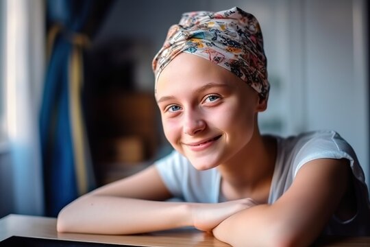 Young positive girl cancer patient wearing colorful headscarf and smiling at camera. Generative AI