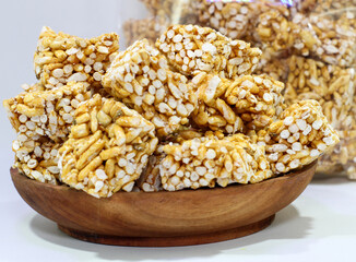 Rice popcorn or brondong, a traditional Indonesian food made from rice coated with sweet brown sugar