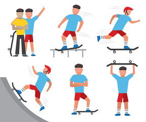 Fototapeta na wymiar skaters. set of male characters on skateboard, athletes in T-shirts doing tricks on skateboard in skatepark. vector cartoon simple characters.