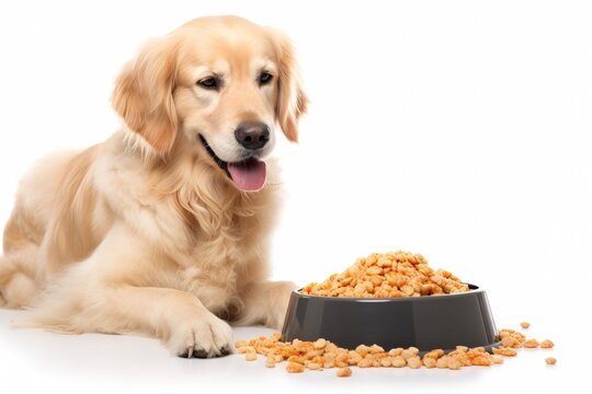 Cute adult golden retriever looking at plate full of pet food over white isolated background. Advertisement concept. Generative AI