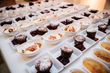 rows of desserts are sitting in shallow white bowls on a table