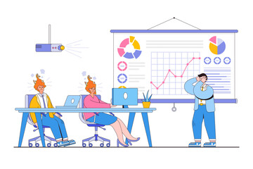 Professional burnout syndrome, overload, fatigue concept. Exhausted employees at work. Outline design style minimal vector illustration for landing page, web banner, infographics, hero images