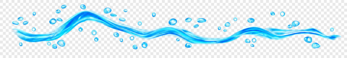 Translucent water wave with drops and bubbles in light blue colors, isolated on transparent background. Transparency only in vector file