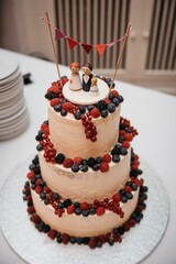Delicious three-tiered cake topped with fresh berry and intricate decorations
