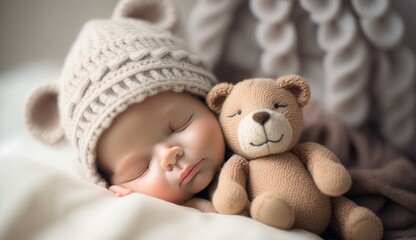 Adorable kid boy after sleeping in grey bed with toy. Cute healthy little toddler baby boy child sleeping or taking a nap under blanket in bed while hugging teddy bear. Generative AI