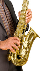Fototapeta premium Close-up man playing on saxophone on white background