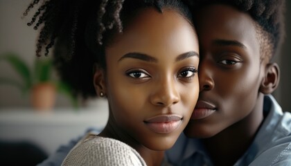 Cheerful teenage Black couple dating home, hugging, talking, laughing, enjoying leisure. Cute teenage African girlfriend embracing, cuddling fuzzy haired boyfriend with love, affection. Generative AI