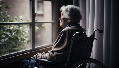 Lonely senior woman sitting on wheelchair looking through window with loneliness. Thoughtful female gray hair elderly sitting alone unhappy waiting. Retirement grandmother mental health. Generative AI