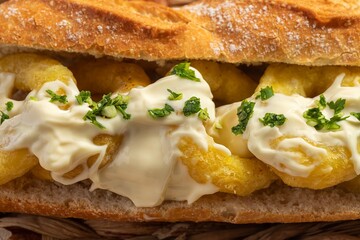 Typical Spanish calamari sandwich with mayonnaise and minced garlic and parsley. A little faded fries and glass of cold beer. Concept of tapas, fun and gastronomy.