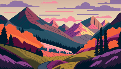 Mountain lanscape sunny day fantastic color illustration vector - obrazy, fototapety, plakaty