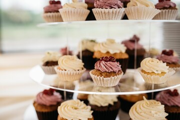 Tower of cupcakes with frosting and decorative sprinkles