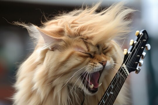 cat like as rock star headbanging in concert to electric guitar riffs, created with generative ai