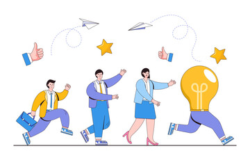 Running away idea, unattainable thought, search for new solutions concept. Business people trying to catch up a light bulb. Outline design minimal vector illustration for landing page, web banner
