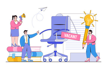 Recruitment agency, job seekers, job applicants, vacancy announcement concept with office chair. Outline design minimal vector illustration for landing page, web banner, infographics, hero images