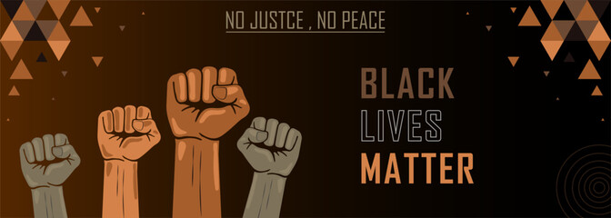 Black lives matter campaign banner with raised fists, support black people to gain equal rights, human unity of different races, Stop racism, interracial community awareness